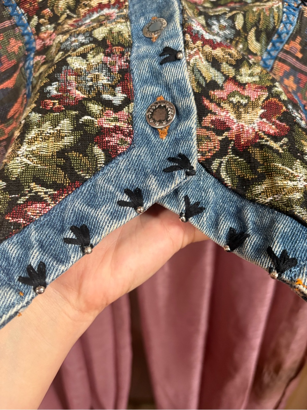 SOLD!!! Vintage People For The Planet Embellished Floral Denim Vest - Picture 4 of 8